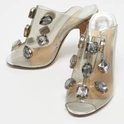 Pre Owned Jimmy Choo Silver PVC Crystal Embellished Mule Sandals Size 39