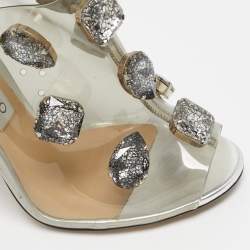 Pre Owned Jimmy Choo Silver PVC Crystal Embellished Mule Sandals Size 39