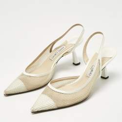 Pre Owned Jimmy Choo White Mesh and Patent Leather Fetto Slingback Pumps Size 41