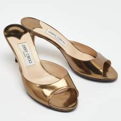 Pre Owned Jimmy Choo Metallic Gold Leather Open Toe Slide Sandals Size 38