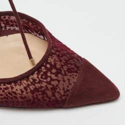 Pre Owned Jimmy Choo Burgundy Velvet Mesh and Suede Vince Ankle Tie Sandals Size 37.5