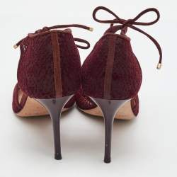 Pre Owned Jimmy Choo Burgundy Velvet Mesh and Suede Vince Ankle Tie Sandals Size 37.5