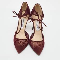 Pre Owned Jimmy Choo Burgundy Velvet Mesh and Suede Vince Ankle Tie Sandals Size 37.5