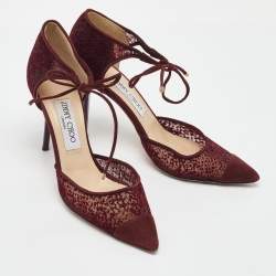 Pre Owned Jimmy Choo Burgundy Velvet Mesh and Suede Vince Ankle Tie Sandals Size 37.5