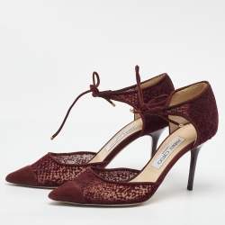 Pre Owned Jimmy Choo Burgundy Velvet Mesh and Suede Vince Ankle Tie Sandals Size 37.5