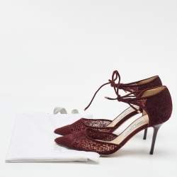 Pre Owned Jimmy Choo Burgundy Velvet Mesh and Suede Vince Ankle Tie Sandals Size 37.5