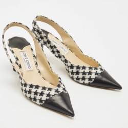 Pre Owned Jimmy Choo Black/White Houndstooth Fabric and Leather Liya Slingback Pumps Size 40