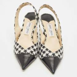 Pre Owned Jimmy Choo Black/White Houndstooth Fabric and Leather Liya Slingback Pumps Size 40