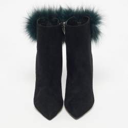 Pre Owned Jimmy Choo Black/Green Fox Fur and Suede Tesler Ankle Length Boots Size 37.5