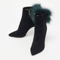 Pre Owned Jimmy Choo Black/Green Fox Fur and Suede Tesler Ankle Length Boots Size 37.5