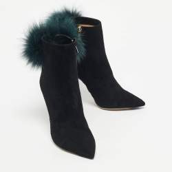 Pre Owned Jimmy Choo Black/Green Fox Fur and Suede Tesler Ankle Length Boots Size 37.5