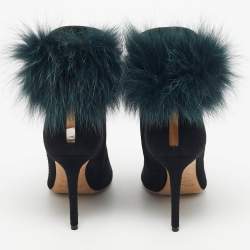 Pre Owned Jimmy Choo Black/Green Fox Fur and Suede Tesler Ankle Length Boots Size 37.5
