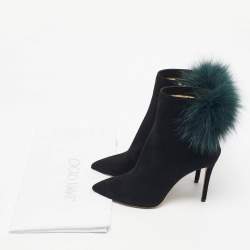 Pre Owned Jimmy Choo Black/Green Fox Fur and Suede Tesler Ankle Length Boots Size 37.5