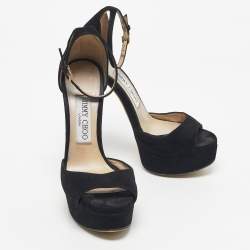 Pre Owned Jimmy Choo Black Suede Platform Ankle Strap Sandals Size 35