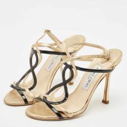 Pre Owned صندل جيمي تشو جلد لامع وأسود وذهبي حزام الكاحل مقاس 37