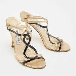 Pre Owned صندل جيمي تشو جلد لامع وأسود وذهبي حزام الكاحل مقاس 37