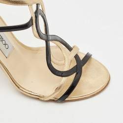 Pre Owned صندل جيمي تشو جلد لامع وأسود وذهبي حزام الكاحل مقاس 37