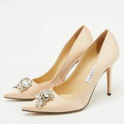 Pre Owned Jimmy Choo Beige Satin Crystal Embellished Manda Pumps Size 38.5