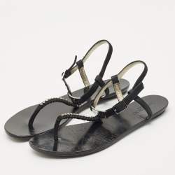 Pre Owned Jimmy Choo Black Shimmer Suede Wander Crystals T-Strap Sandals Size 37