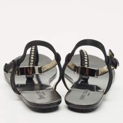 Pre Owned Jimmy Choo Black Shimmer Suede Wander Crystals T-Strap Sandals Size 37
