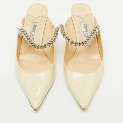 Pre Owned Jimmy Choo Beige Patent Leather Bing Crystal Embellished Pointed Toe Mules Size 38