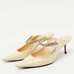 Pre Owned Jimmy Choo Beige Patent Leather Bing Crystal Embellished Pointed Toe Mules Size 38