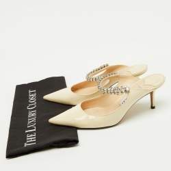 Pre Owned Jimmy Choo Beige Patent Leather Bing Crystal Embellished Pointed Toe Mules Size 38