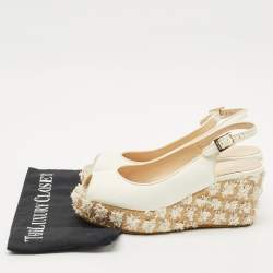 Pre Owned صندل جيمي تشو داكوتا جلد أبيض ورافيا كعب عريض مقاس 39