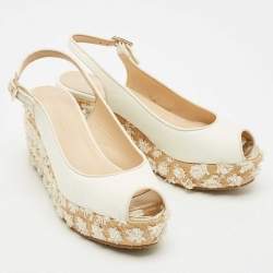 Pre Owned صندل جيمي تشو داكوتا جلد أبيض ورافيا كعب عريض مقاس 39