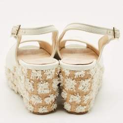 Pre Owned صندل جيمي تشو داكوتا جلد أبيض ورافيا كعب عريض مقاس 39