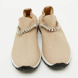Pre Owned Jimmy Choo Beige Knit Fabric Crystal Embellished Verona Sneakers Size 37