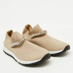 Pre Owned Jimmy Choo Beige Knit Fabric Crystal Embellished Verona Sneakers Size 37