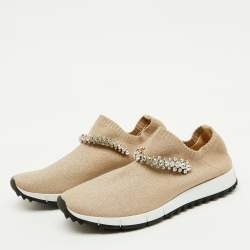 Pre Owned Jimmy Choo Beige Knit Fabric Crystal Embellished Verona Sneakers Size 37
