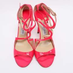 Pre Owned Jimmy Choo Neon Pink Patent Leather Lance Ankle Strap Sandals Size 42