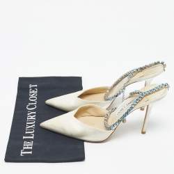 Pre Owned Jimmy Choo Off White Satin Saeda Crystals Ankle Strap Pumps Size 40