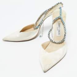 Pre Owned Jimmy Choo Off White Satin Saeda Crystals Ankle Strap Pumps Size 40