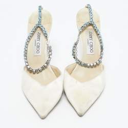 Pre Owned Jimmy Choo Off White Satin Saeda Crystals Ankle Strap Pumps Size 40