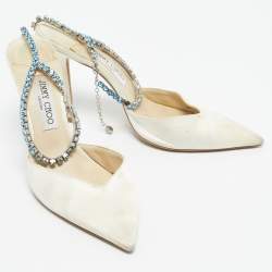 Pre Owned Jimmy Choo Off White Satin Saeda Crystals Ankle Strap Pumps Size 40