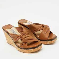Pre Owned Jimmy Choo Brown Leather Narisa Cork Platform Wedge Sandals Size 41