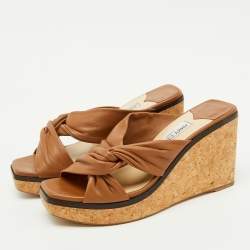 Pre Owned Jimmy Choo Brown Leather Narisa Cork Platform Wedge Sandals Size 41