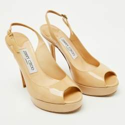 Pre Owned Jimmy Choo Beige Patent Leather Nova Peep Toe Platform Slingback Pumps Size 36