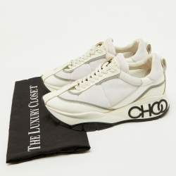 Pre Owned Jimmy Choo White Neoprene and Leather Raine Lace Up Sneakers Size 35.5