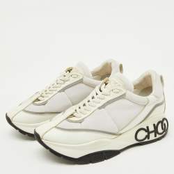 Pre Owned Jimmy Choo White Neoprene and Leather Raine Lace Up Sneakers Size 35.5