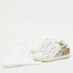 Pre Owned Jimmy Choo White Leather and Glitter Detail Diamond Low Top Sneakers Size 37