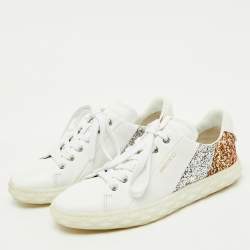 Pre Owned Jimmy Choo White Leather and Glitter Detail Diamond Low Top Sneakers Size 37