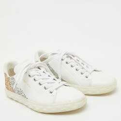 Pre Owned Jimmy Choo White Leather and Glitter Detail Diamond Low Top Sneakers Size 37