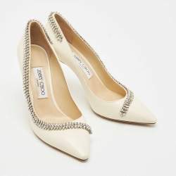 Pre Owned Jimmy Choo Cream Leather Crystal Embellished Romy Pointed Toe Pumps Size 38