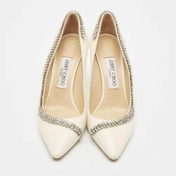 Pre Owned Jimmy Choo Cream Leather Crystal Embellished Romy Pointed Toe Pumps Size 38