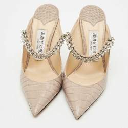 Pre Owned Jimmy Choo Beige Croc Embossed Leather Bing Mules Size 34