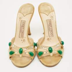 Pre Owned Jimmy Choo Gold Texture Suede Crystal Embellished Slide Sandals Size 36.5